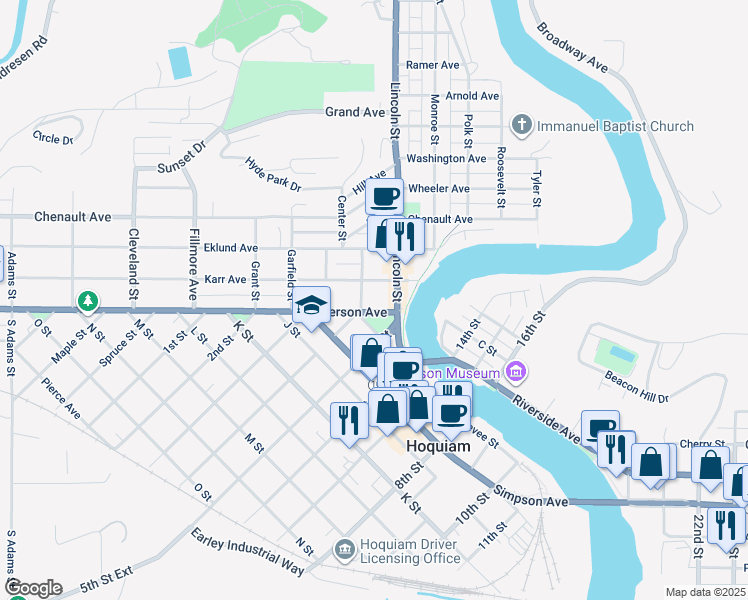 map of restaurants, bars, coffee shops, grocery stores, and more near 814 Karr Avenue in Hoquiam