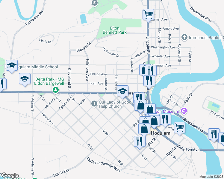 map of restaurants, bars, coffee shops, grocery stores, and more near 518 Karr Avenue in Hoquiam
