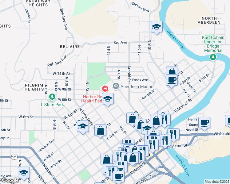 map of restaurants, bars, coffee shops, grocery stores, and more near 505 North F Street in Aberdeen