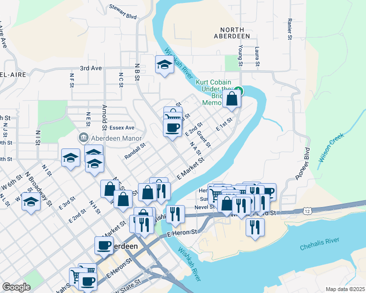 map of restaurants, bars, coffee shops, grocery stores, and more near 914 East 1st Street in Aberdeen