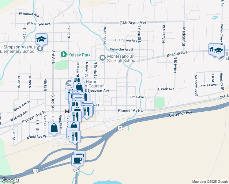 map of restaurants, bars, coffee shops, grocery stores, and more near 431 East Broadway Avenue in Montesano