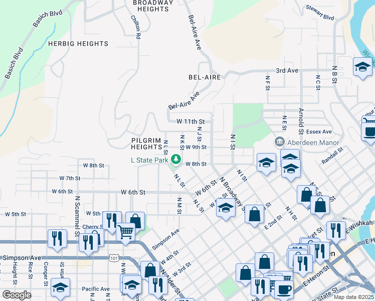 map of restaurants, bars, coffee shops, grocery stores, and more near 219 West 9th Street in Aberdeen