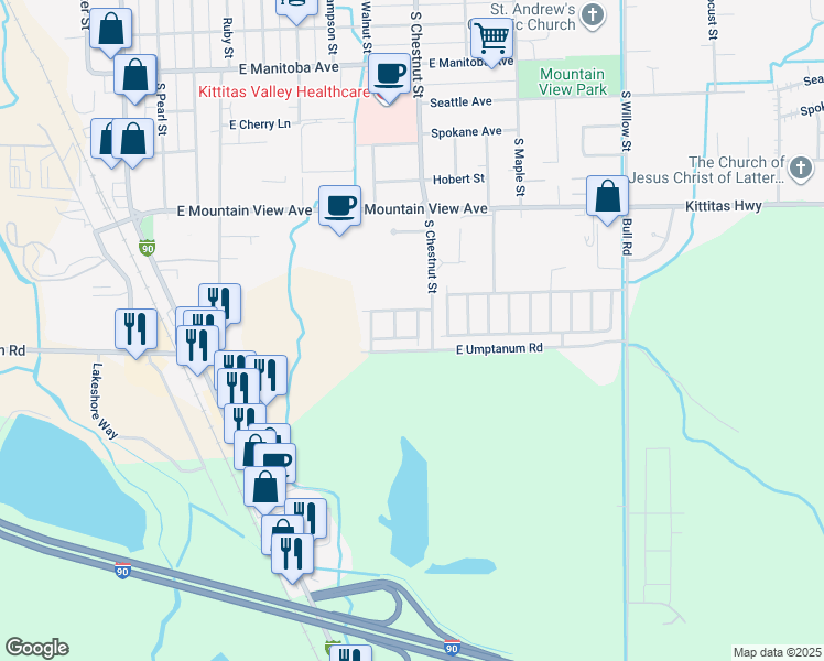 map of restaurants, bars, coffee shops, grocery stores, and more near 1201 South Chestnut Street in Ellensburg