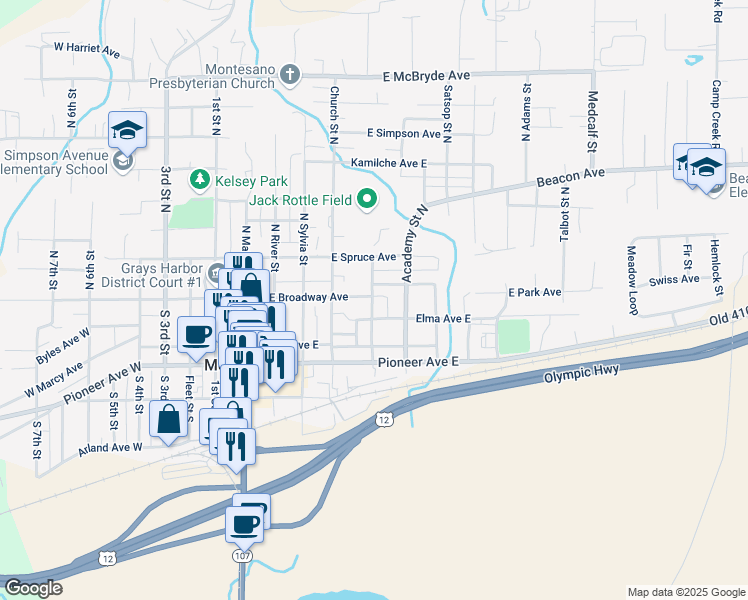 map of restaurants, bars, coffee shops, grocery stores, and more near 431 East Broadway Avenue in Montesano