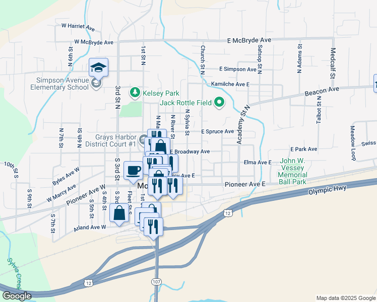 map of restaurants, bars, coffee shops, grocery stores, and more near 224 East Broadway Avenue in Montesano