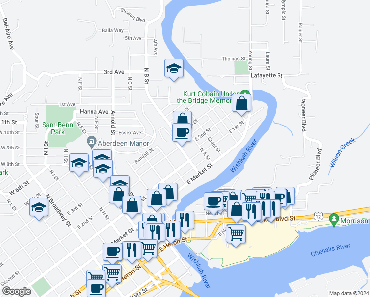 map of restaurants, bars, coffee shops, grocery stores, and more near 909 East 2nd Street in Aberdeen