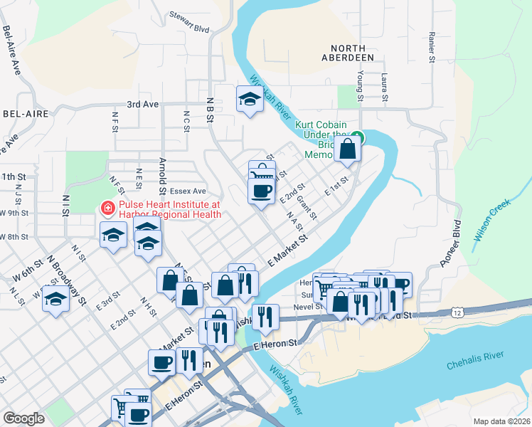 map of restaurants, bars, coffee shops, grocery stores, and more near 819 East 2nd Street in Aberdeen