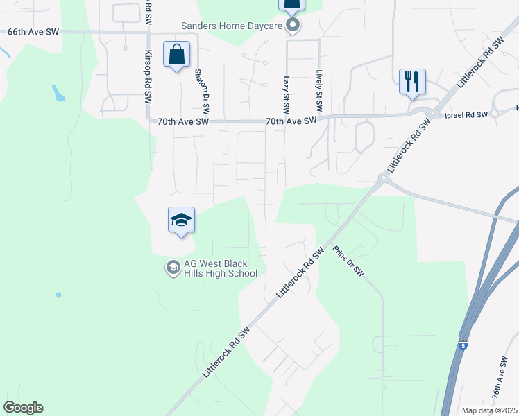map of restaurants, bars, coffee shops, grocery stores, and more near 7303 Mirasett Street Southwest in Tumwater