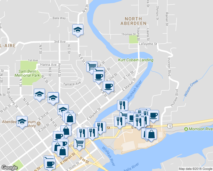map of restaurants, bars, coffee shops, grocery stores, and more near 922 East 1st Street in Aberdeen