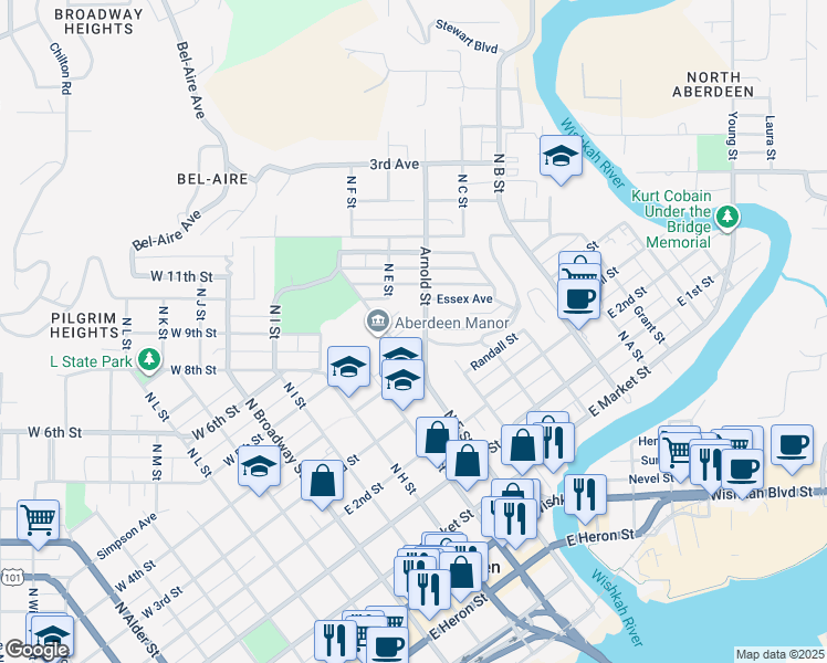 map of restaurants, bars, coffee shops, grocery stores, and more near 515 East 5th Street in Aberdeen