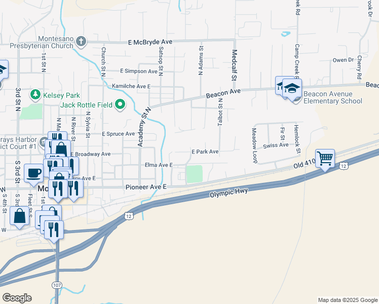 map of restaurants, bars, coffee shops, grocery stores, and more near 110 Blakeley Street North in Montesano