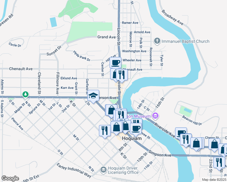 map of restaurants, bars, coffee shops, grocery stores, and more near 814 Karr Avenue in Hoquiam