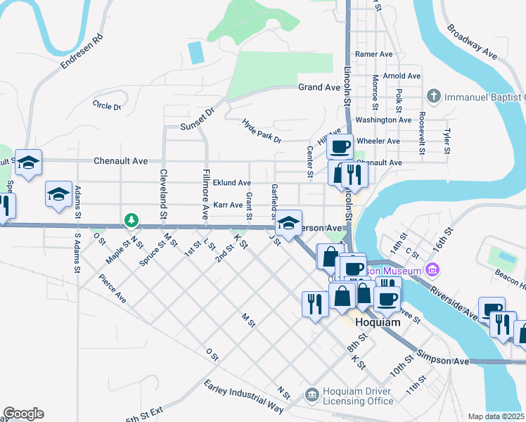 map of restaurants, bars, coffee shops, grocery stores, and more near 518 Karr Avenue in Hoquiam