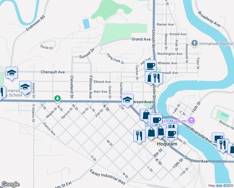 map of restaurants, bars, coffee shops, grocery stores, and more near 518 Karr Avenue in Hoquiam