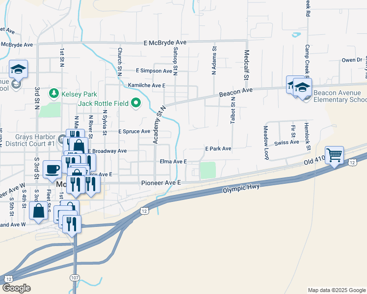 map of restaurants, bars, coffee shops, grocery stores, and more near 718 Elma Avenue East in Montesano
