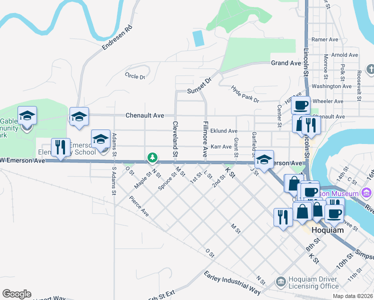 map of restaurants, bars, coffee shops, grocery stores, and more near 324 Karr Avenue in Hoquiam