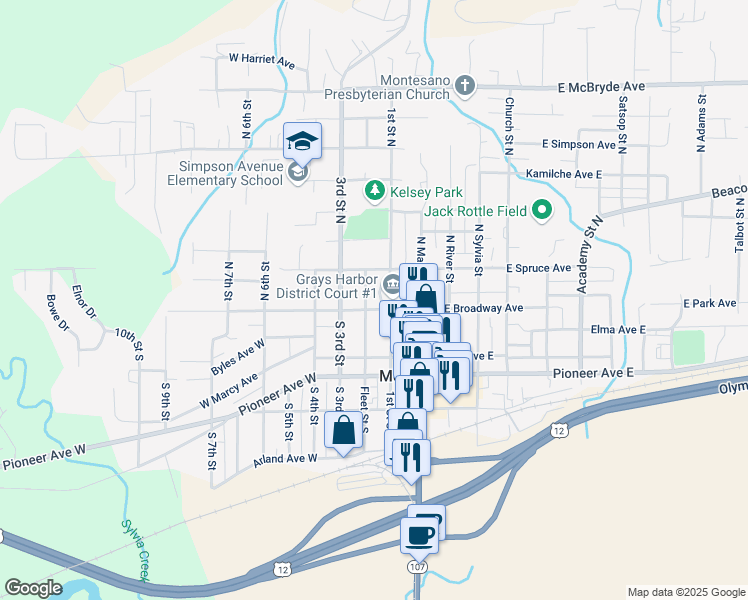 map of restaurants, bars, coffee shops, grocery stores, and more near 210 West Broadway Avenue in Montesano