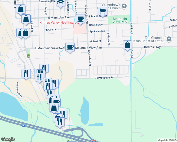 map of restaurants, bars, coffee shops, grocery stores, and more near 501 South Chestnut Street in Ellensburg