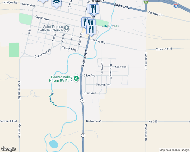 map of restaurants, bars, coffee shops, grocery stores, and more near 501 Schneider Lane in Wibaux