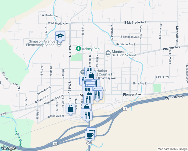 map of restaurants, bars, coffee shops, grocery stores, and more near 112 West Broadway Avenue in Montesano