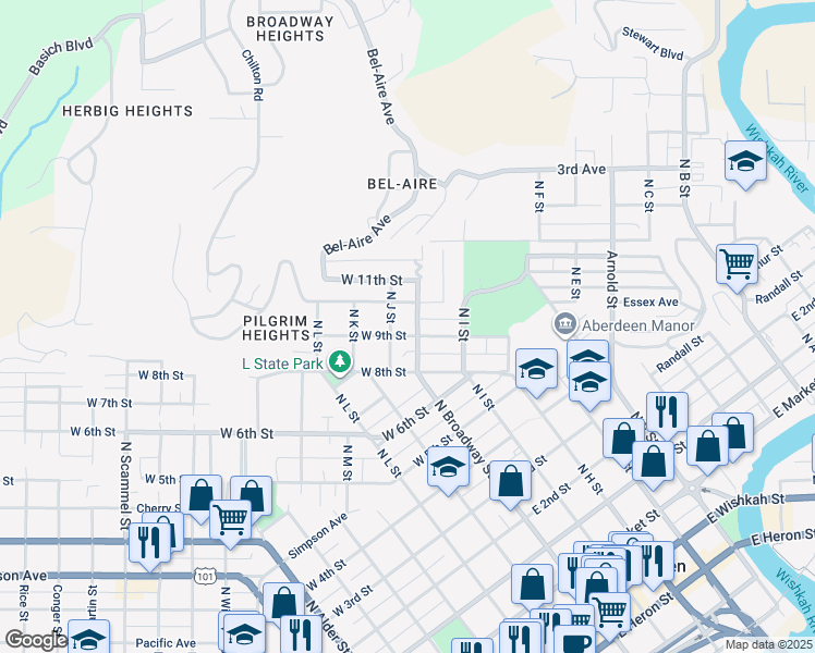 map of restaurants, bars, coffee shops, grocery stores, and more near 1103 North Broadway Street in Aberdeen