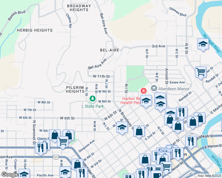 map of restaurants, bars, coffee shops, grocery stores, and more near 1103 North Broadway Street in Aberdeen