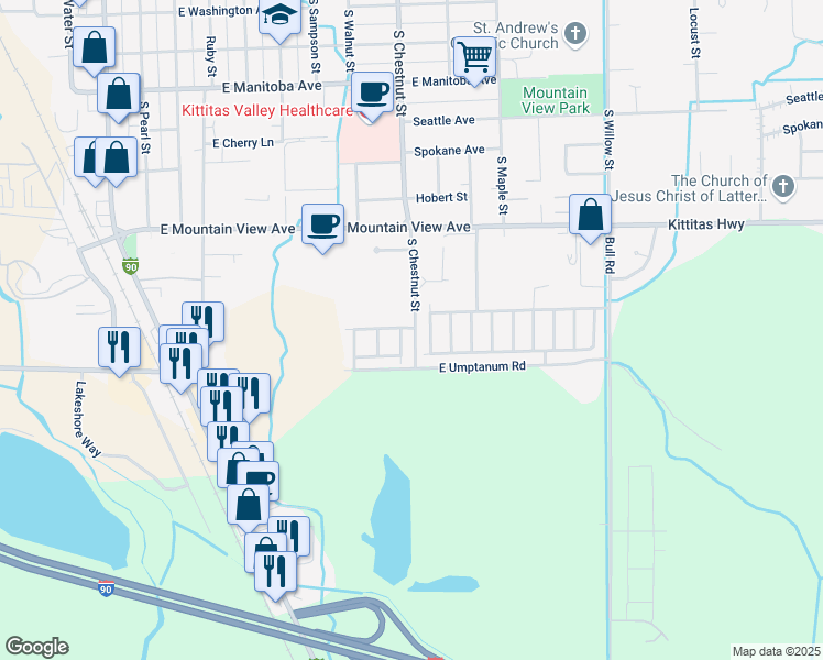 map of restaurants, bars, coffee shops, grocery stores, and more near 501 South Chestnut Street in Ellensburg