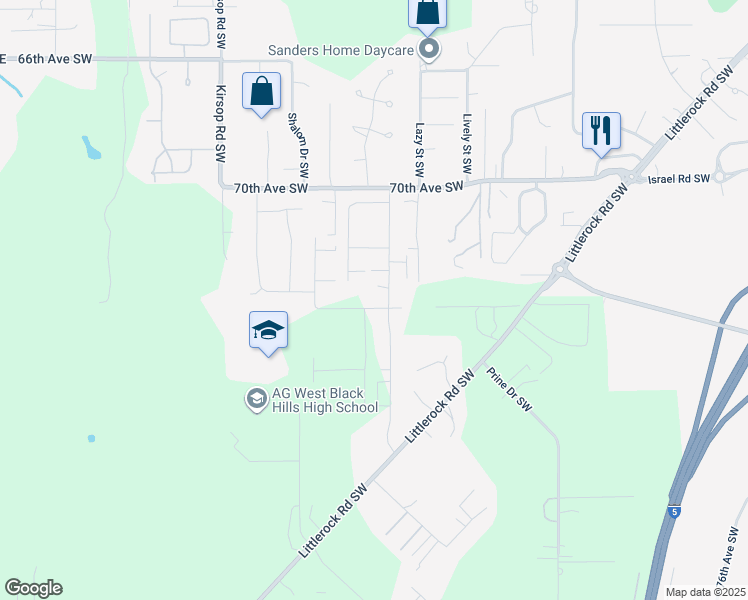 map of restaurants, bars, coffee shops, grocery stores, and more near 7139 Mirasett Street Southwest in Olympia