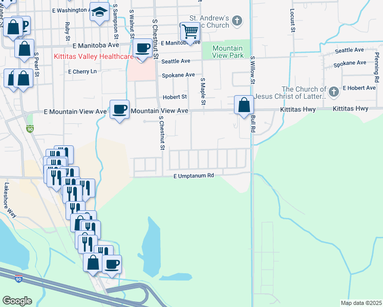 map of restaurants, bars, coffee shops, grocery stores, and more near 401 South Rosewood Drive in Ellensburg