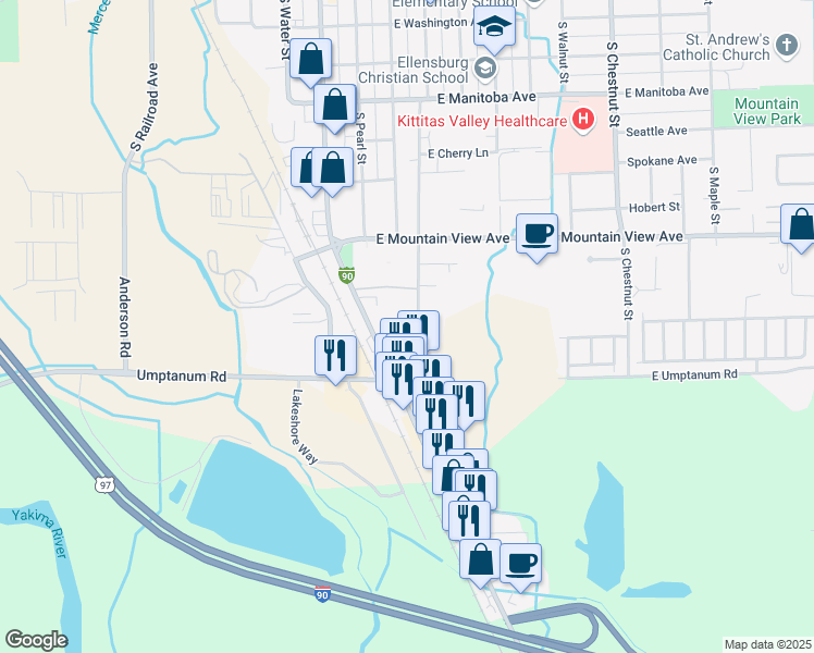 map of restaurants, bars, coffee shops, grocery stores, and more near in Ellensburg