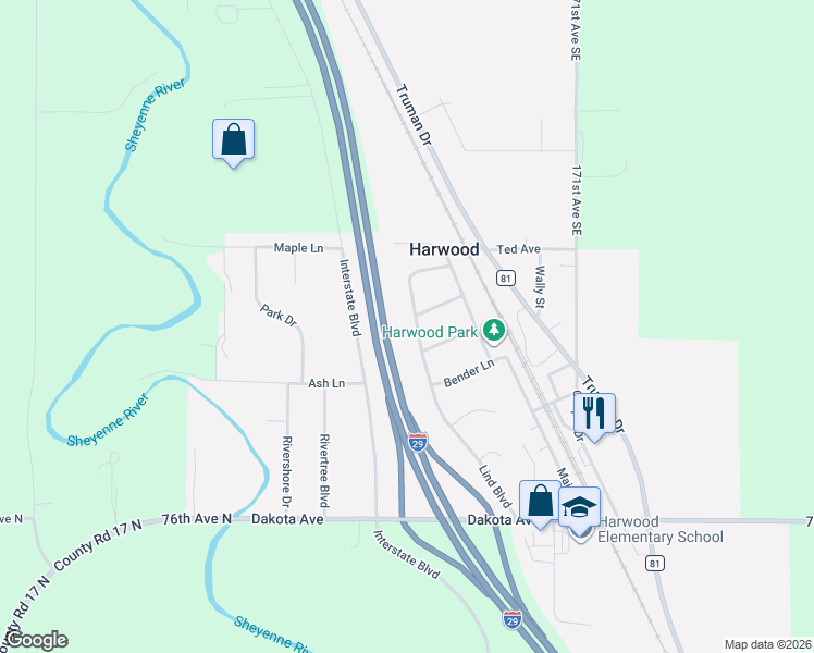 map of restaurants, bars, coffee shops, grocery stores, and more near 424 Lind Boulevard in Harwood