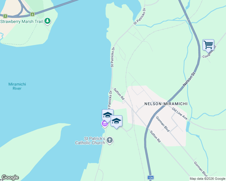 map of restaurants, bars, coffee shops, grocery stores, and more near 68 Saint Patricks Drive in Miramichi