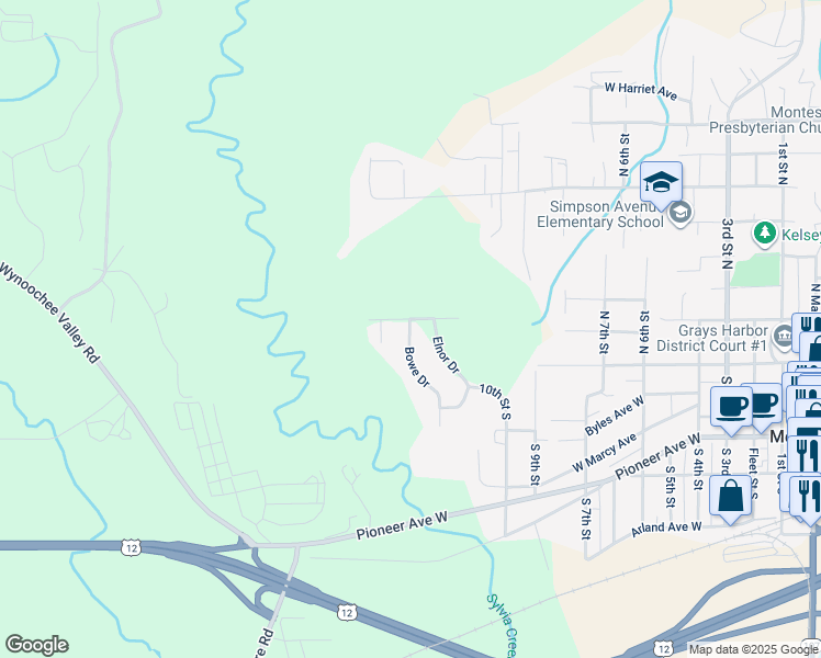 map of restaurants, bars, coffee shops, grocery stores, and more near 240 Bowe Drive in Montesano