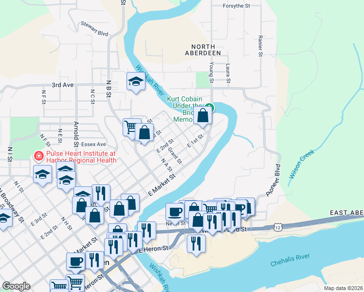 map of restaurants, bars, coffee shops, grocery stores, and more near 1116 East 2nd Street in Aberdeen