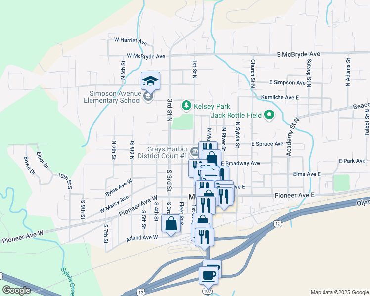 map of restaurants, bars, coffee shops, grocery stores, and more near 310 Spruce Avenue West in Montesano