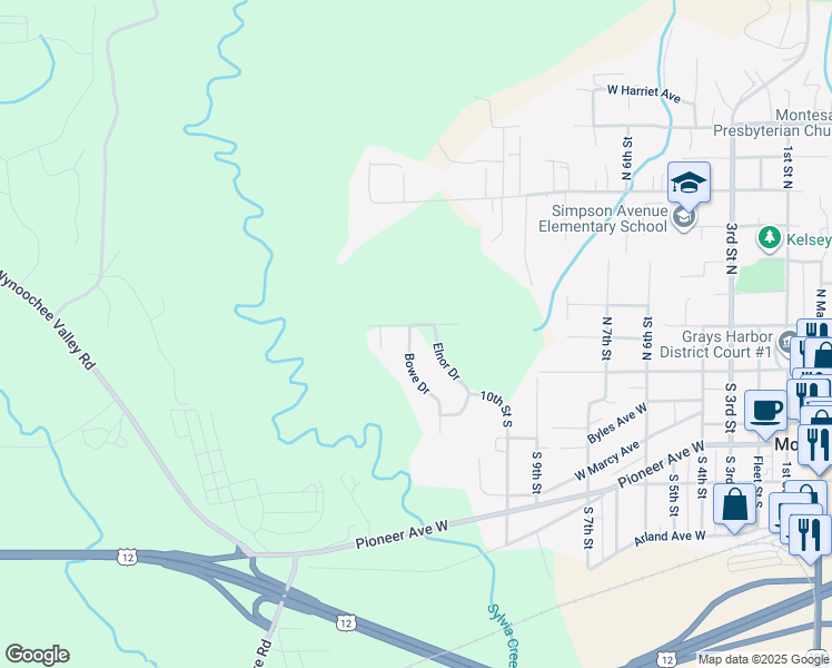 map of restaurants, bars, coffee shops, grocery stores, and more near 240 Bowe Drive in Montesano