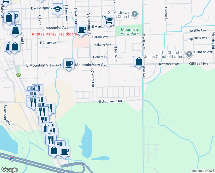 map of restaurants, bars, coffee shops, grocery stores, and more near 818 East Mountain View Avenue in Ellensburg