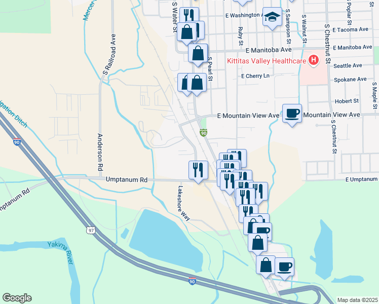 map of restaurants, bars, coffee shops, grocery stores, and more near 1107 Industrial Way in Ellensburg