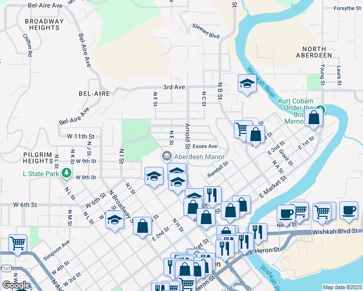 map of restaurants, bars, coffee shops, grocery stores, and more near 516 McKinley Avenue in Aberdeen