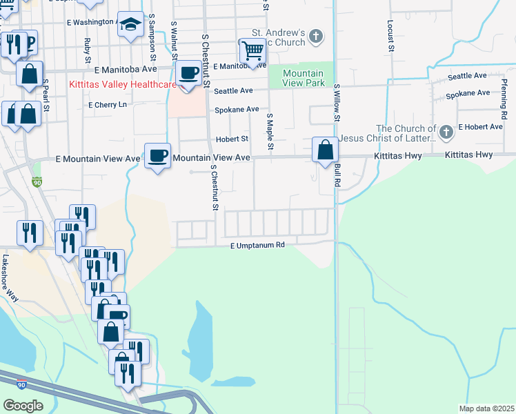 map of restaurants, bars, coffee shops, grocery stores, and more near 167 South Rosewood Drive in Ellensburg
