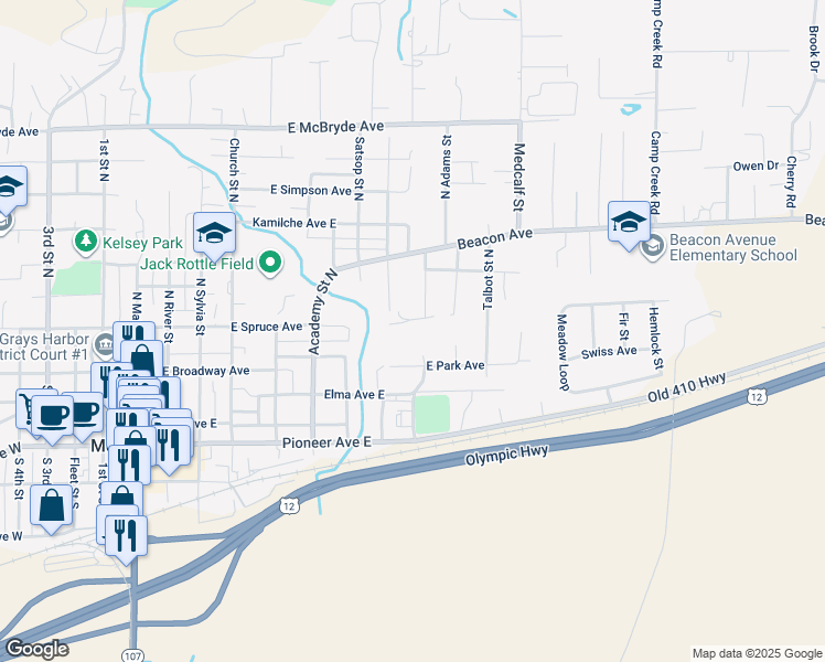 map of restaurants, bars, coffee shops, grocery stores, and more near 210 Blakeley Street North in Montesano