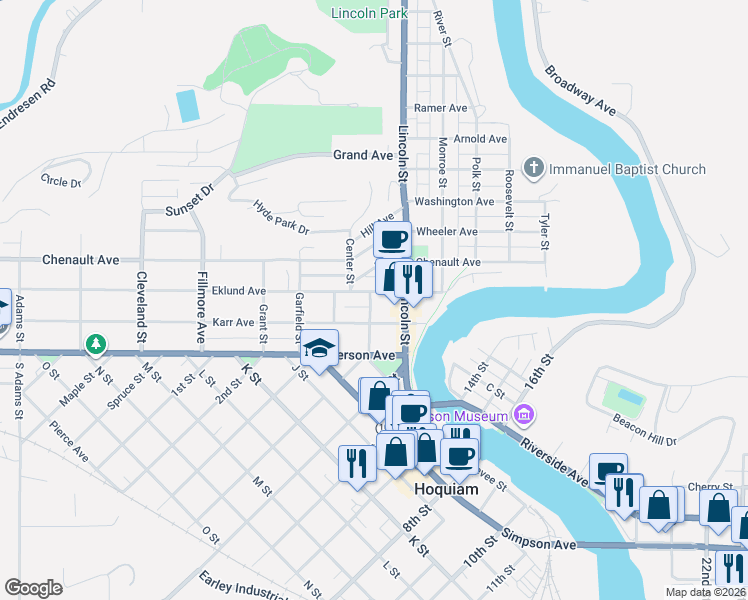 map of restaurants, bars, coffee shops, grocery stores, and more near 815 Eklund Avenue in Hoquiam