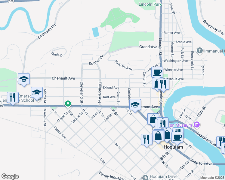 map of restaurants, bars, coffee shops, grocery stores, and more near 447 Eklund Avenue in Hoquiam
