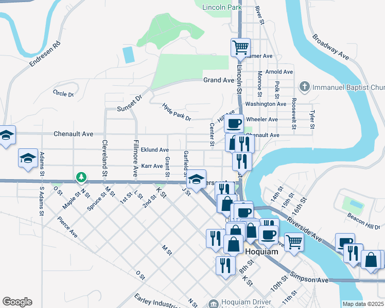 map of restaurants, bars, coffee shops, grocery stores, and more near 625 Eklund Avenue in Hoquiam