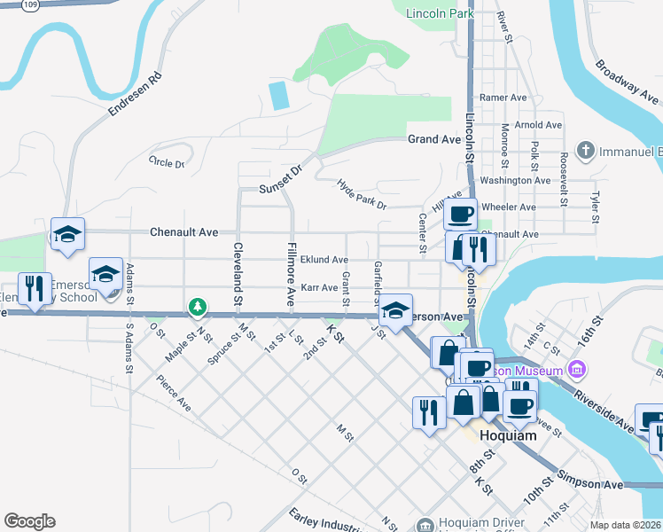 map of restaurants, bars, coffee shops, grocery stores, and more near 446 Eklund Avenue in Hoquiam