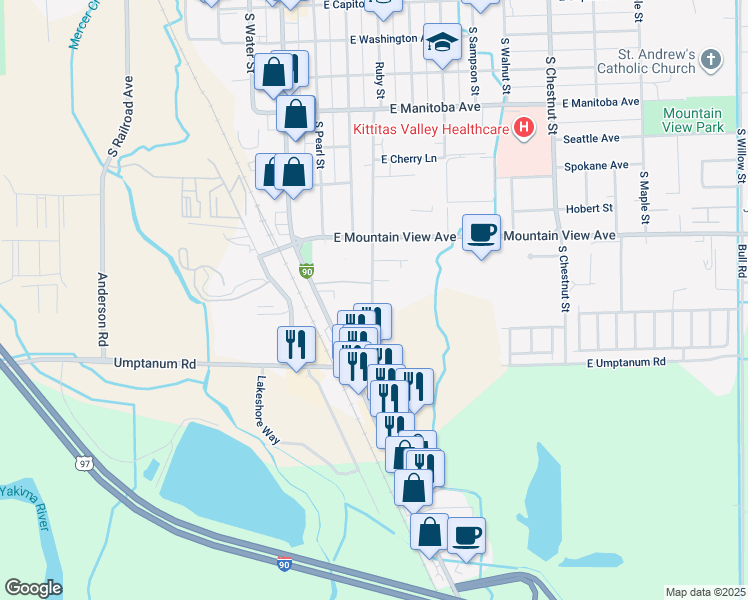 map of restaurants, bars, coffee shops, grocery stores, and more near 1007 Ruby Street in Ellensburg