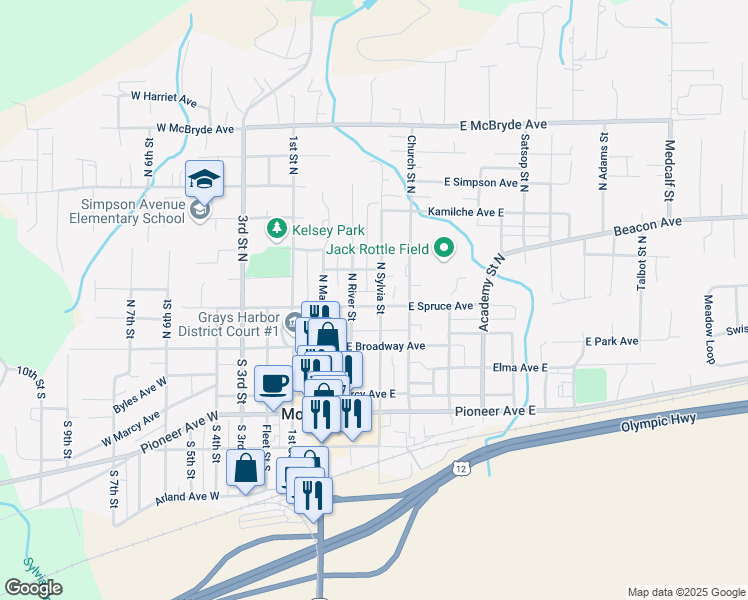 map of restaurants, bars, coffee shops, grocery stores, and more near 224 East Spruce Avenue in Montesano