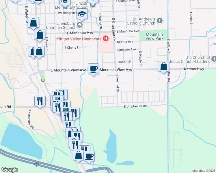 map of restaurants, bars, coffee shops, grocery stores, and more near 1001 South Chestnut Street in Ellensburg
