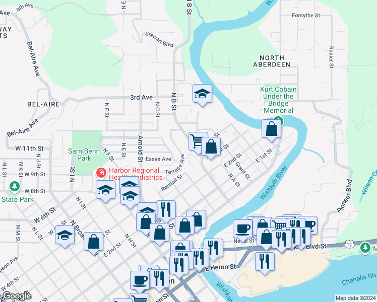 map of restaurants, bars, coffee shops, grocery stores, and more near 418 North B Street in Aberdeen