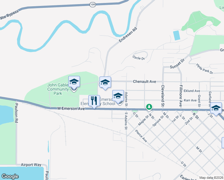 map of restaurants, bars, coffee shops, grocery stores, and more near 301 West Eklund Avenue in Hoquiam